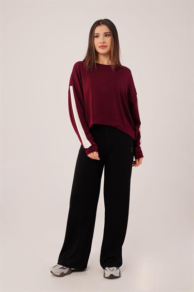 Kol Şerit Detaylı Yarasa Kol Bordo Sweatshirt