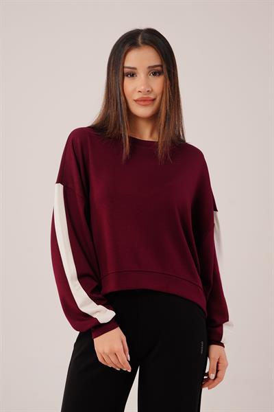 Kol Şerit Detaylı Yarasa Kol Bordo Sweatshirt