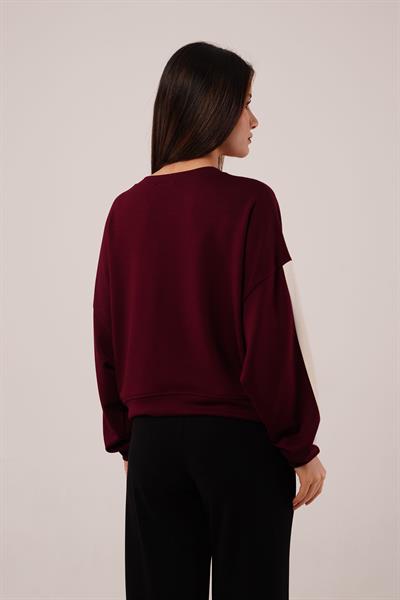 Kol Şerit Detaylı Yarasa Kol Bordo Sweatshirt