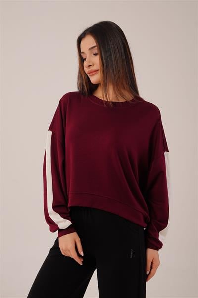 Kol Şerit Detaylı Yarasa Kol Bordo Sweatshirt