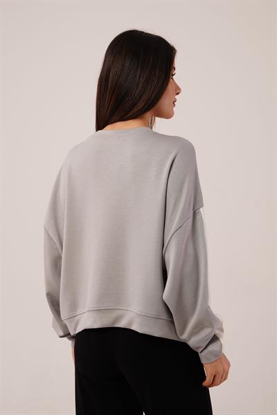 Kol Şerit Detaylı Yarasa Kol Gri Sweatshirt