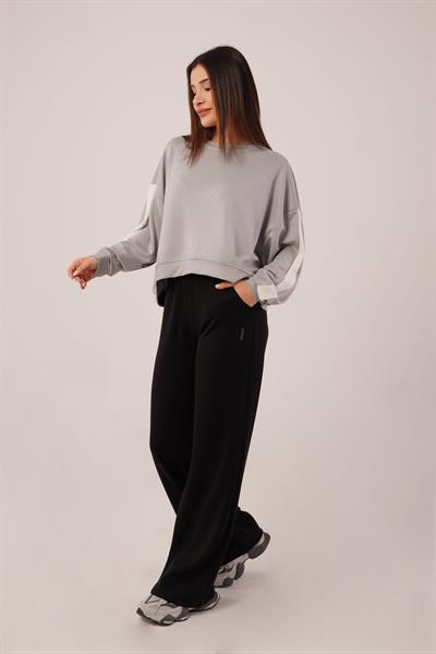 Kol Şerit Detaylı Yarasa Kol Gri Sweatshirt