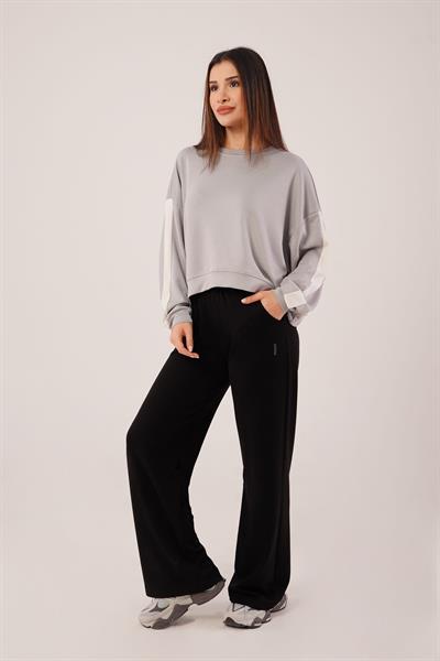 Kol Şerit Detaylı Yarasa Kol Gri Sweatshirt