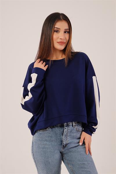 Kol Şerit Detaylı Yarasa Kol Lacivert Sweatshirt