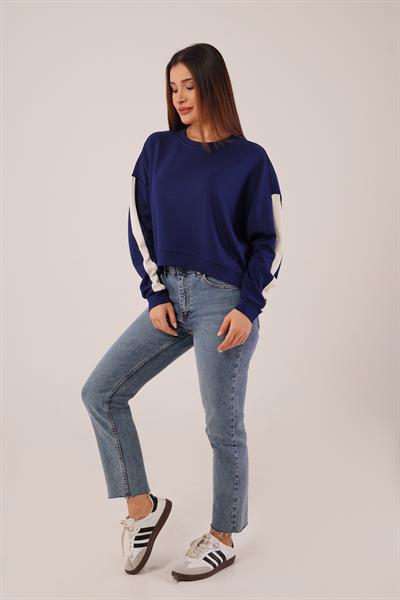 Kol Şerit Detaylı Yarasa Kol Lacivert Sweatshirt