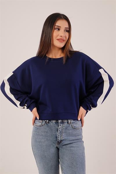 Kol Şerit Detaylı Yarasa Kol Lacivert Sweatshirt