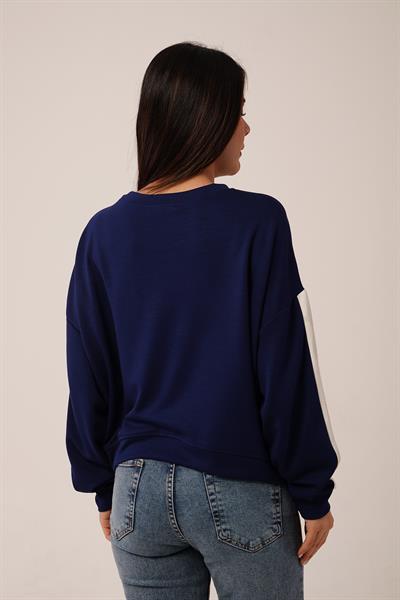 Kol Şerit Detaylı Yarasa Kol Lacivert Sweatshirt