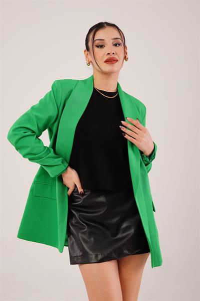 Kol Ucu Büzgü Detay Yeşil Blazer Ceket
