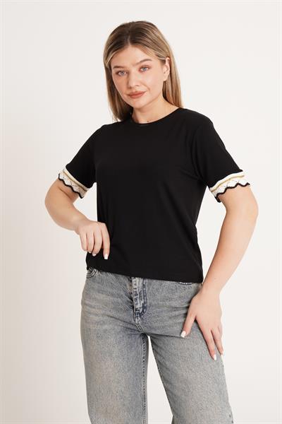 Kol Ucu Sim İp Geçişli Siyah Tişört