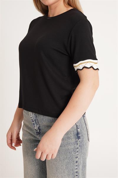 Kol Ucu Sim İp Geçişli Siyah Tişört
