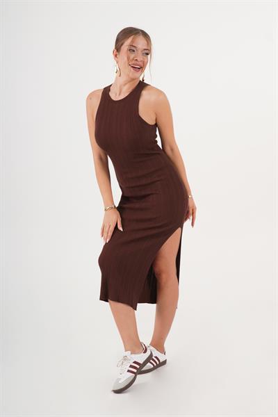 Kolsuz Esnek Örme Kumaş Mevsimlik Trend Bordo Uzun Elbise