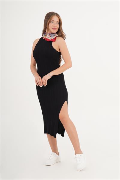 Kolsuz Esnek Örme Kumaş Mevsimlik Trend Siyah Uzun Elbise