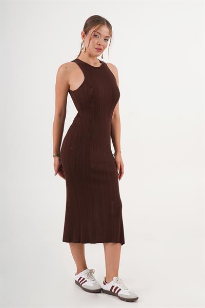 Kolsuz Esnek Örme Kumaş Mevsimlik Trend Bordo Uzun Elbise