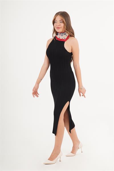 Kolsuz Esnek Örme Kumaş Mevsimlik Trend Siyah Uzun Elbise