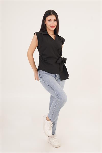 Kolsuz Yandan Bağlamalı Siyah Gömlek