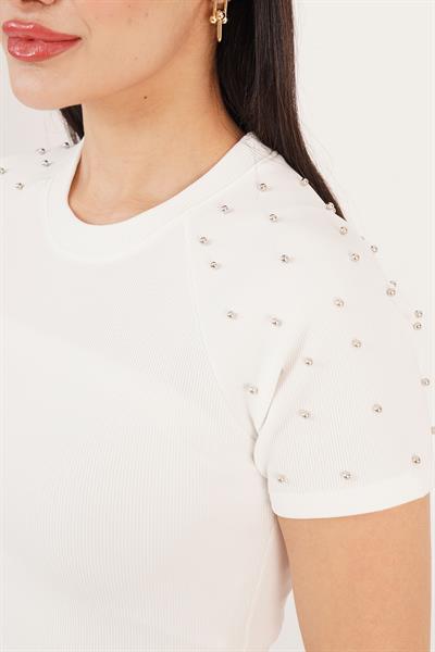 Kolu İnci Detaylı Basic Beyaz Tişört