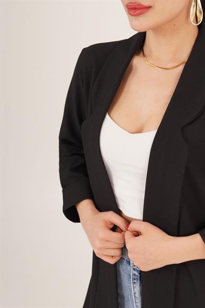 Kol Katlama Dikiş Detaylı Siyah Yazlık Blazer Ceket	