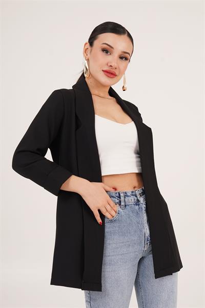 Kol Katlama Dikiş Detaylı Siyah Yazlık Blazer Ceket	
