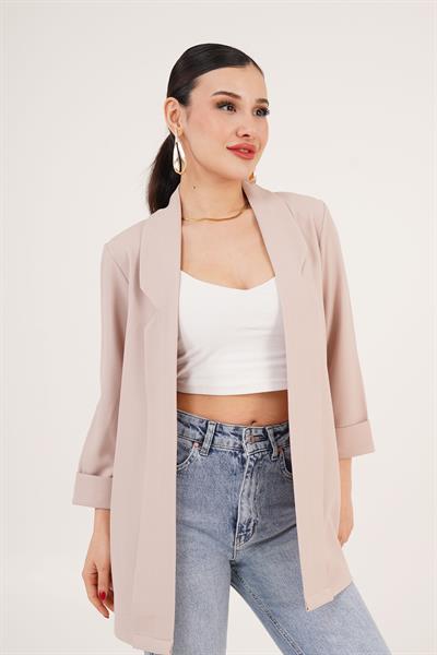 Kol Katlama Dikiş Detaylı Bej Yazlık Blazer Ceket	