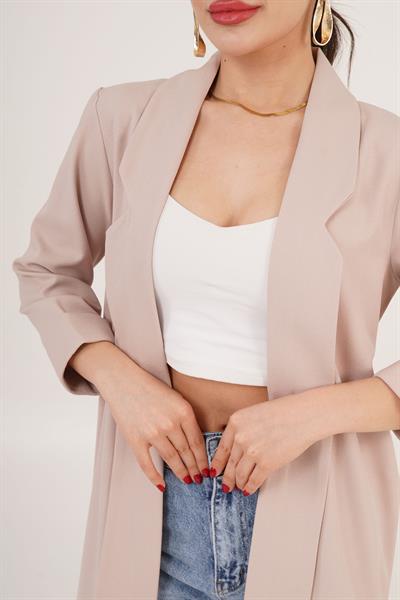 Kol Katlama Dikiş Detaylı Bej Yazlık Blazer Ceket	