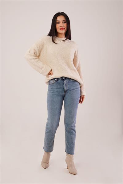 Kolye Detay Buklet Bej Triko Kazak