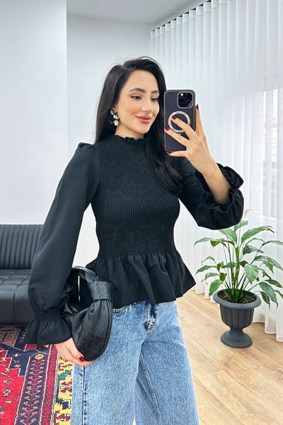 Komple Gipeli Dik Yaka Siyah Bluz