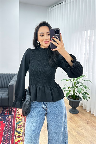 Komple Gipeli Dik Yaka Siyah Bluz