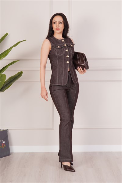 Kontrast Dikiş Detaylı Yelek Pantolon Kahve İkili Takım