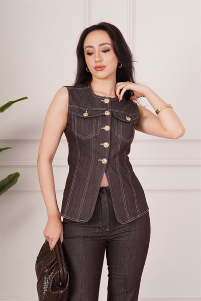 Kontrast Dikiş Detaylı Yelek Pantolon Kahve İkili Takım