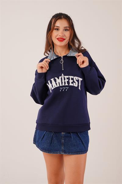 Kot Detay Manifest Nakışlı Lacivert Sweatshirt