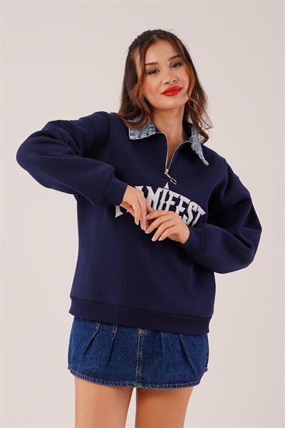 Kot Detay Manifest Nakışlı Lacivert Sweatshirt