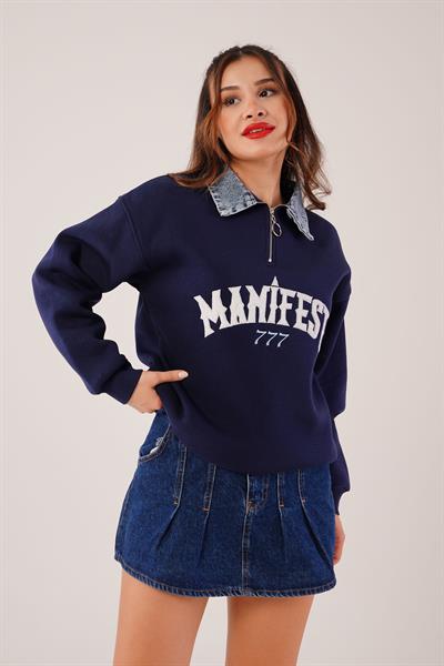 Kot Detay Manifest Nakışlı Lacivert Sweatshirt