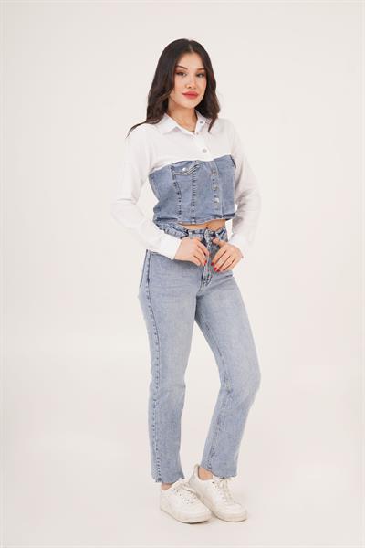 Çıtçıt Kapamalı Jean Detaylı Beyaz Gömlek