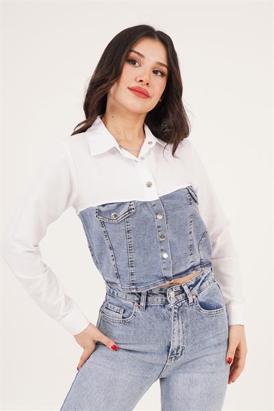 Çıtçıt Kapamalı Jean Detaylı Beyaz Gömlek
