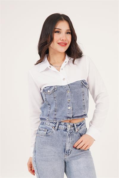 Çıtçıt Kapamalı Jean Detaylı Beyaz Gömlek