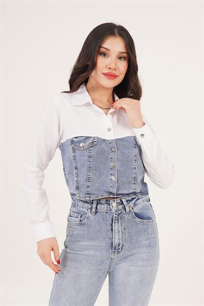 Çıtçıt Kapamalı Jean Detaylı Beyaz Gömlek