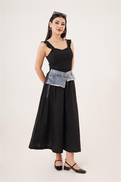 Denim Detaylı Siyah Paraşüt Etek