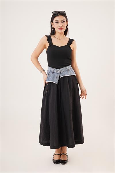 Denim Detaylı Siyah Paraşüt Etek