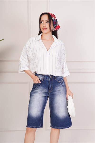 Yüksek Bel Yıkamalı Diz Altı Geniş Paça Kot Kapri