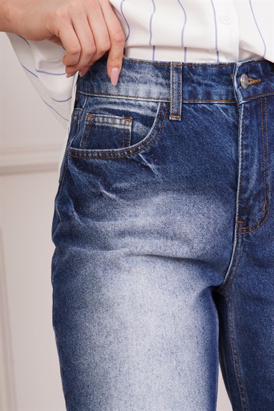 Yüksek Bel Yıkamalı Diz Altı Geniş Paça Kot Kapri