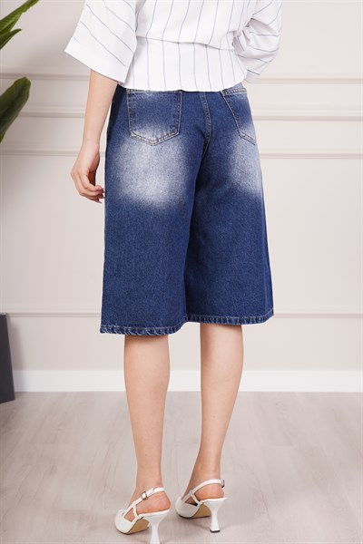 Yüksek Bel Yıkamalı Diz Altı Geniş Paça Kot Kapri