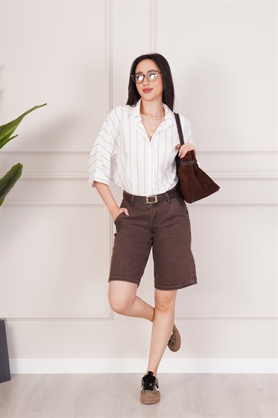 Yüksek Bel Rahat Kesim Kahve Jean Şort