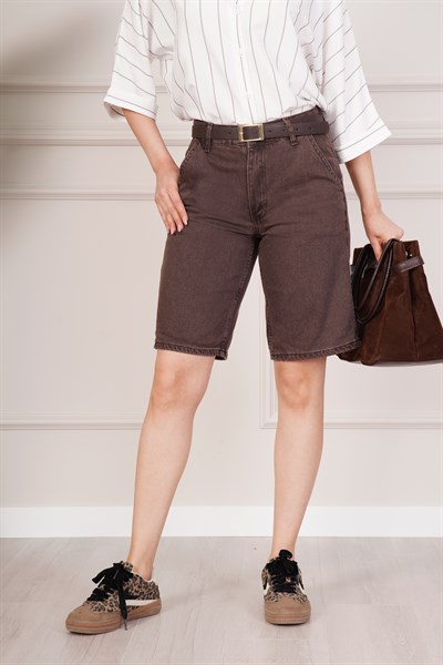 Yüksek Bel Rahat Kesim Kahve Jean Şort