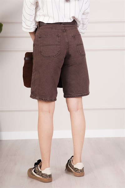 Yüksek Bel Rahat Kesim Kahve Jean Şort
