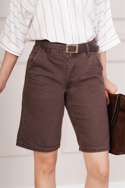 Yüksek Bel Rahat Kesim Kahve Jean Şort