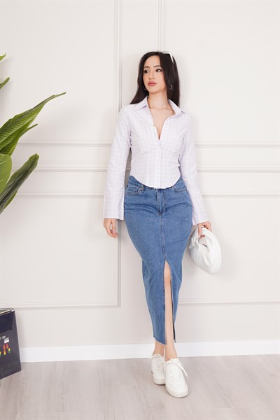 Yüksek Bel Yırtmaçlı Uzun Jean Etek