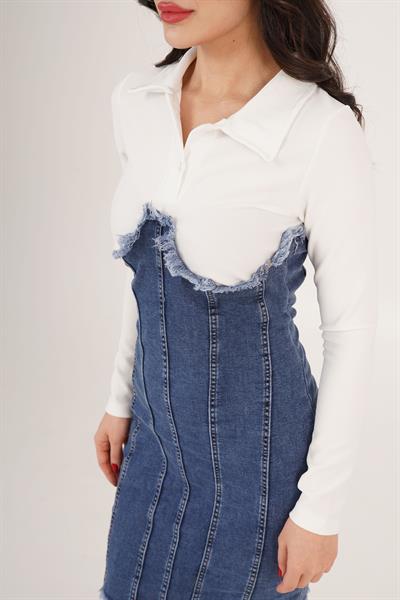Polo Yaka Bluz Detaylı Püsküllü Lacivert Denim Elbise