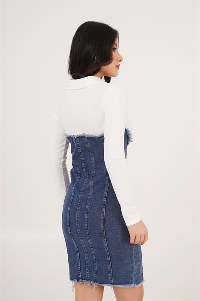 Polo Yaka Bluz Detaylı Püsküllü Lacivert Denim Elbise