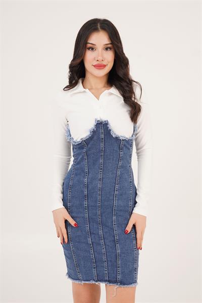 Polo Yaka Bluz Detaylı Püsküllü Lacivert Denim Elbise