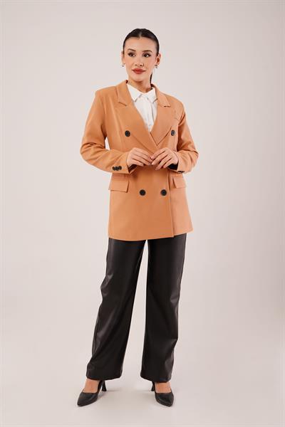 Kruvaze Düğmeli Camel Blazer Ceket